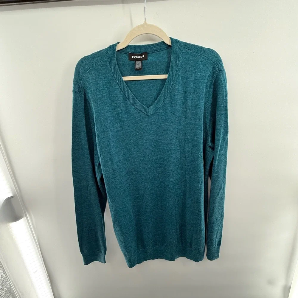 Express Merino Wool V-Neck‎ Sweater Teal Blue Green Men's XL Tall Lightweight